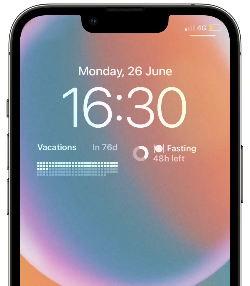 An iPhone showing countdowns added as a Lock Screen widget on its Lock Screen