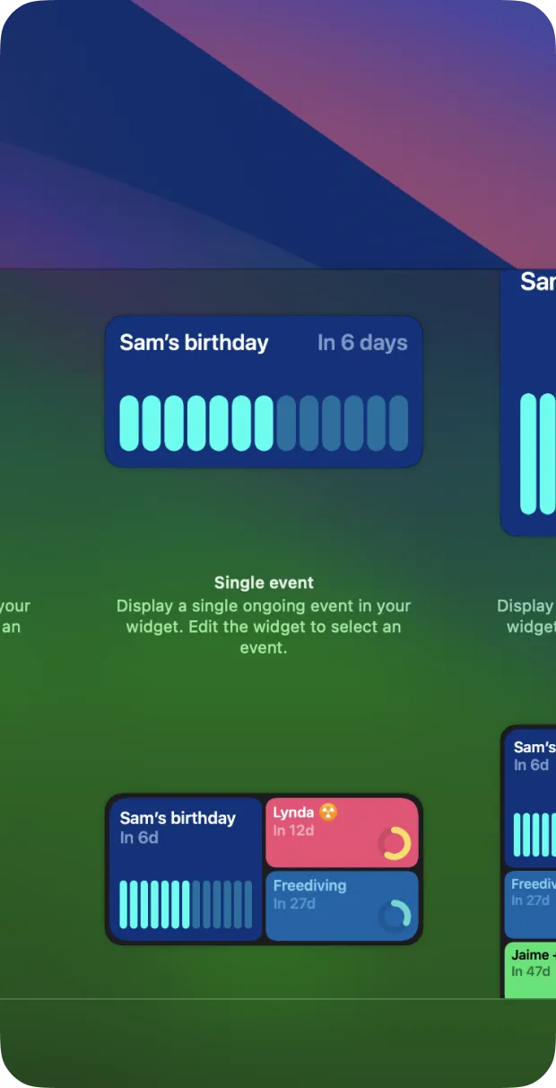 A MacOS screen showing the widget selector for a Pretty Progress Countdown