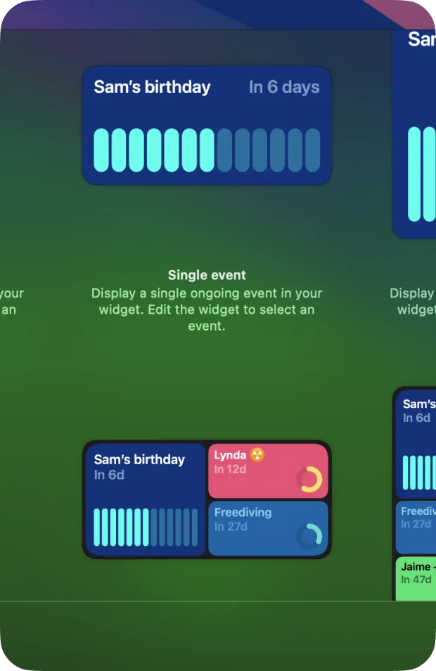 MacOS screen showing the second step to add a countdown widget on your desktop, choosing which widget to add