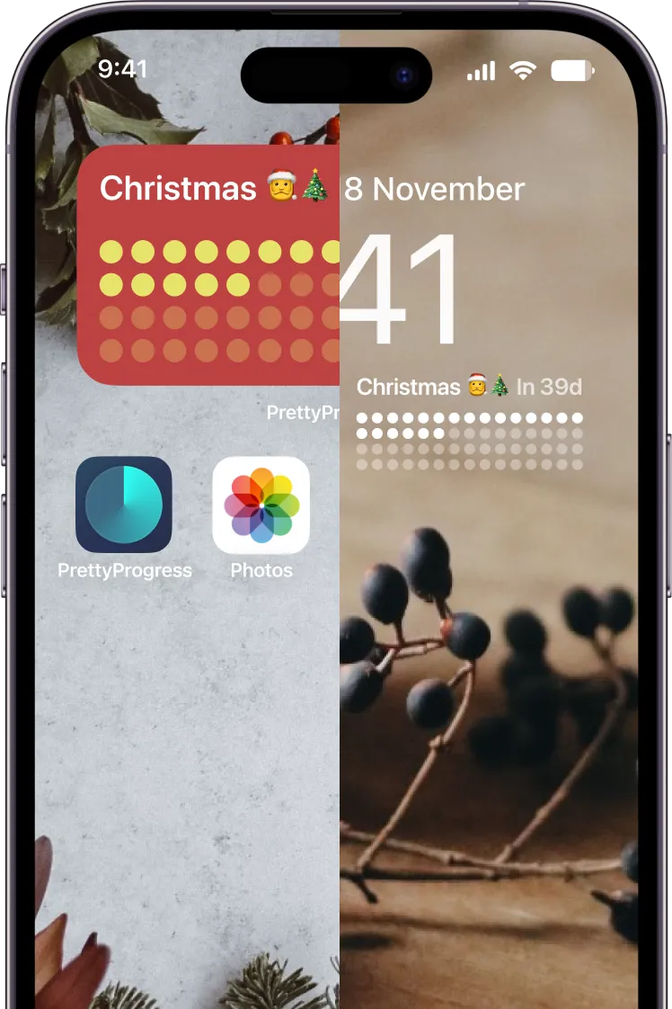 An iPhone showing a christmas countdown widget on its Home Screen and Lock Screen