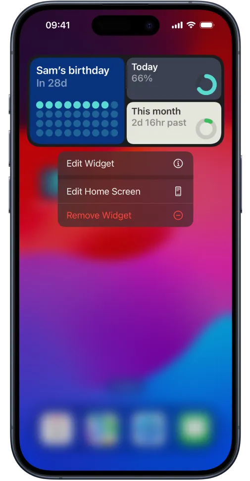 A Dashboard countdown widget added in an iPhone Home Screen