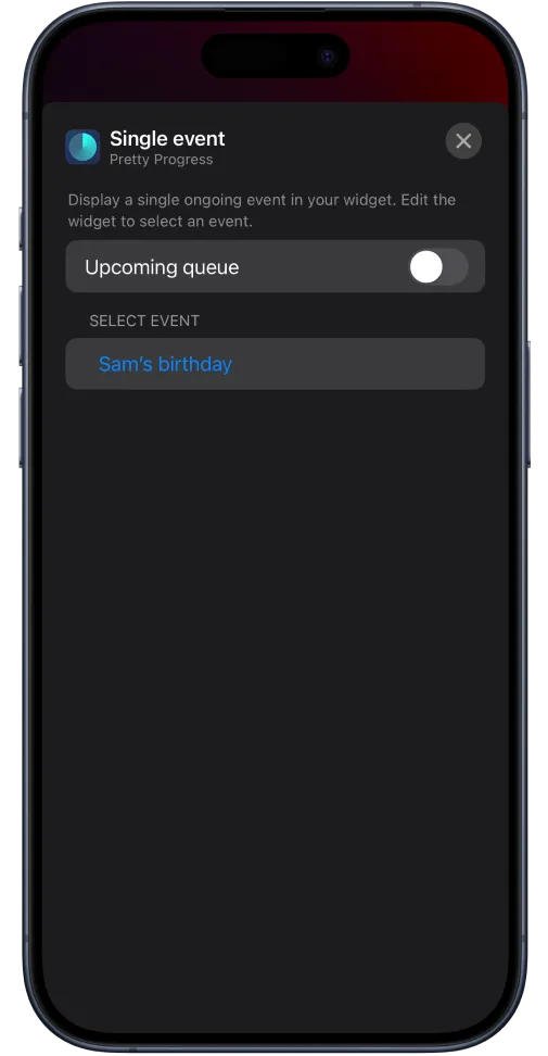 An iPhone showing a selector to choose event to add to the countdown widget