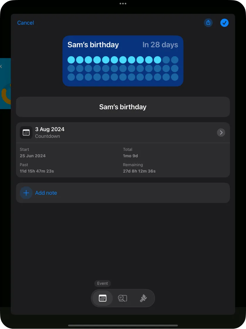 iPad showing steps on how to create a countdown in Pretty Progress