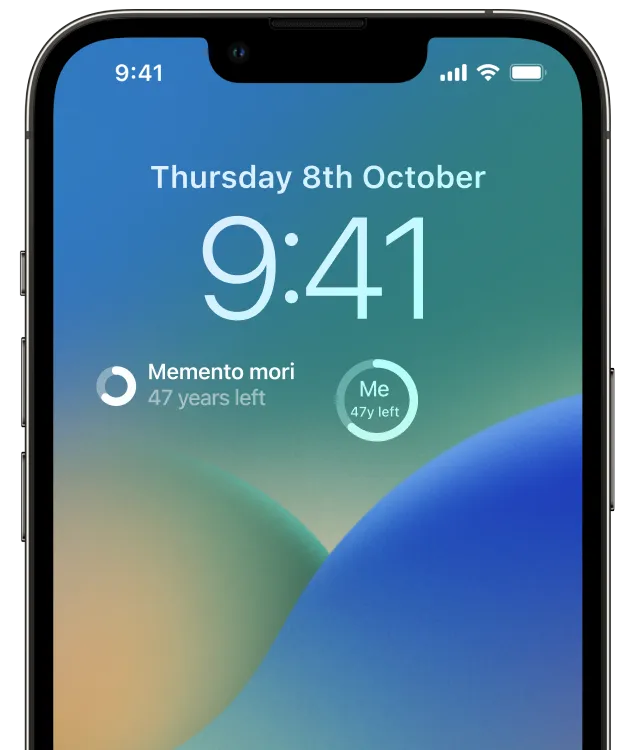An iPhone showing a memento mori countdown widget on its Lock Screen