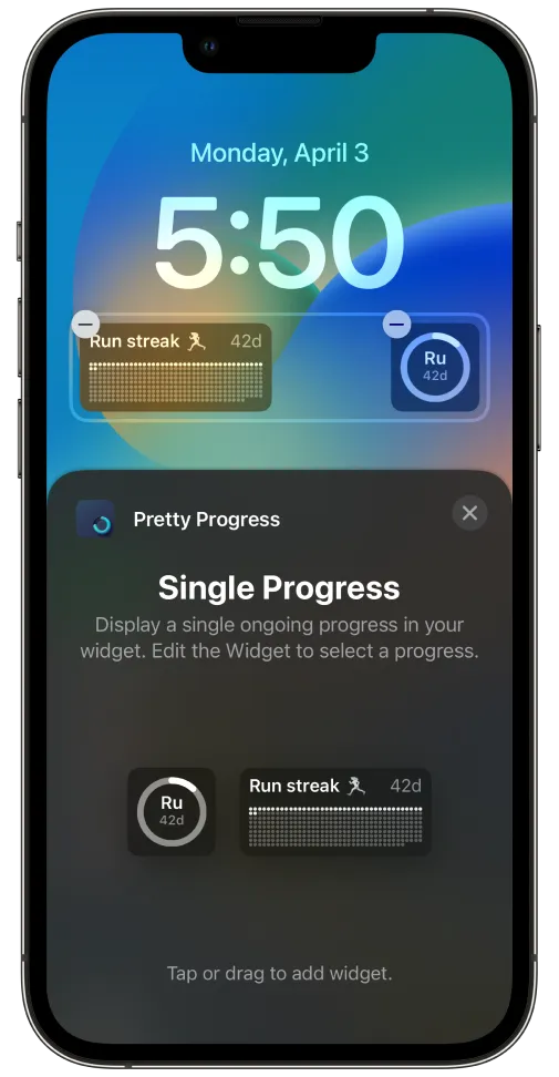 Iphone showing Lock Screen widget with Pretty Progress