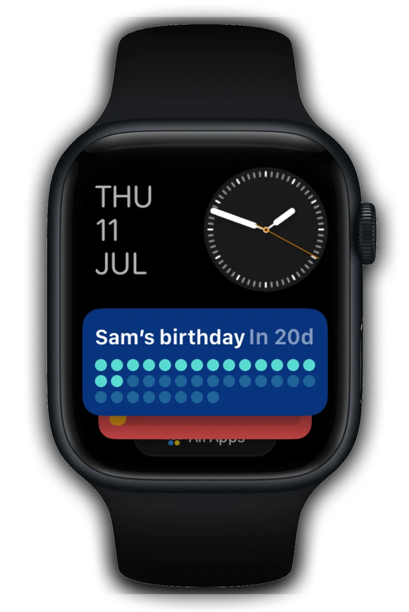 An Apple Watch showing a countdown widget in its Smart Stack