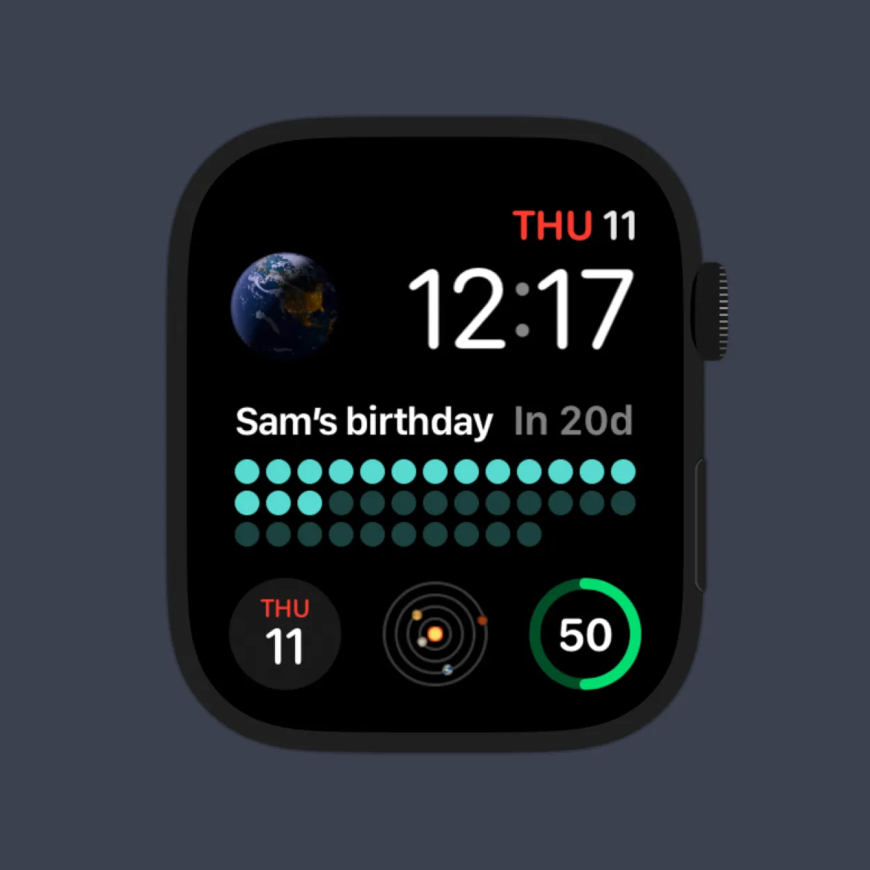 AN Apple Watch showing a birthday countdown widget on a Watch Face