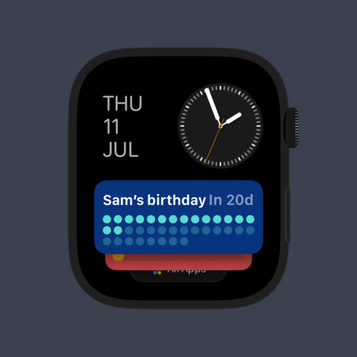 An Apple Watch showing a birthday countdown widget in its Smart Stack